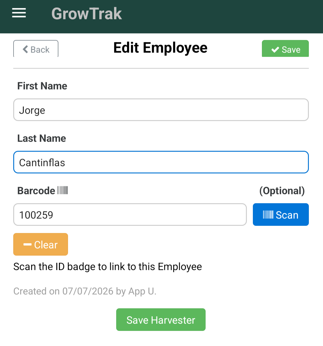 Screenshot: badge/ID linking screen