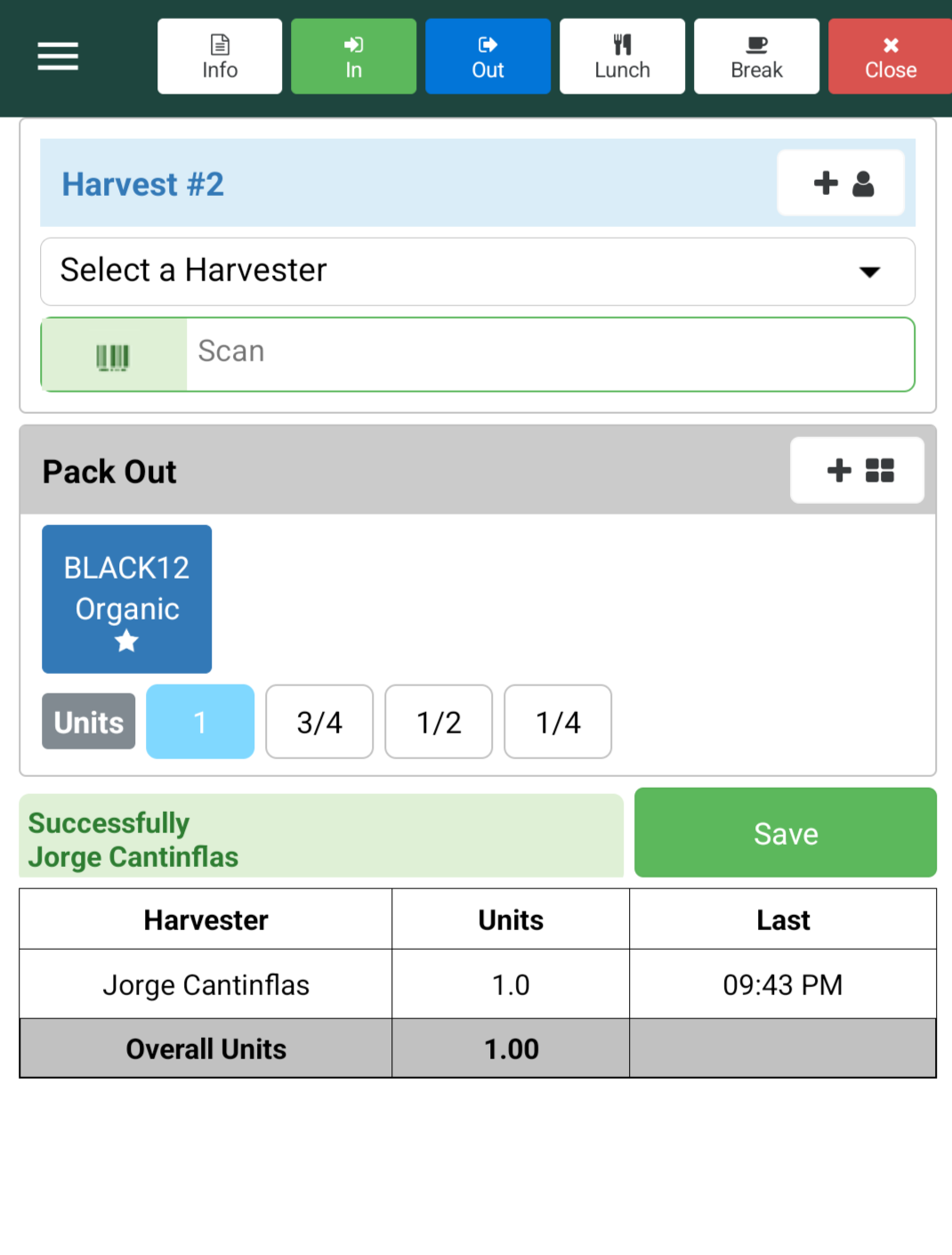 Screenshot: scan / harvest entry screen