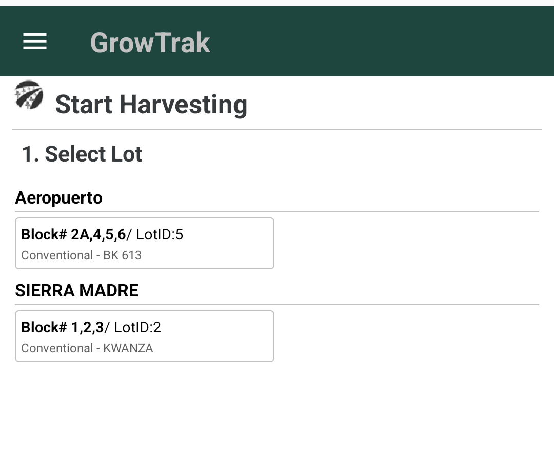 Screenshot: start harvest screen